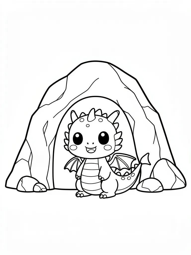 Coloriage Dragon devant une grotte kawaii – coloriage à imprimer gratuit