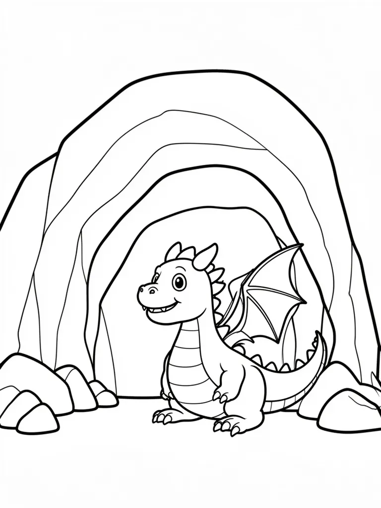 Coloriage Dragon devant une grotte pour maternelle – coloriage à imprimer gratuit