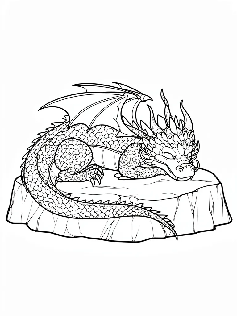 Coloriage Dragon endormi sur un rocher détaillé – coloriage à imprimer gratuit