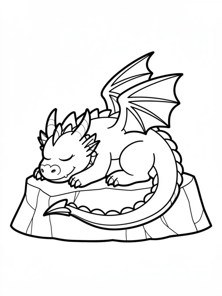 Coloriage Dragon endormi sur un rocher facile – coloriage à imprimer gratuit