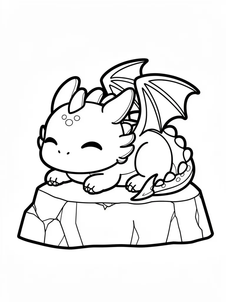 Coloriage Dragon endormi sur un rocher kawaii – coloriage à imprimer gratuit