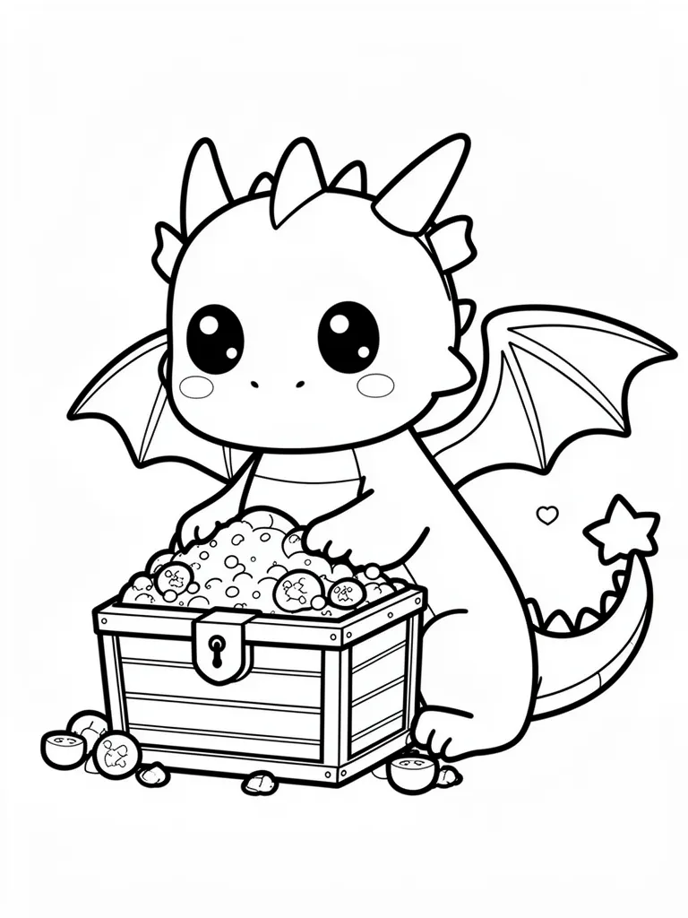 Coloriage Dragon gardien d’un trésor kawaii – coloriage à imprimer gratuit