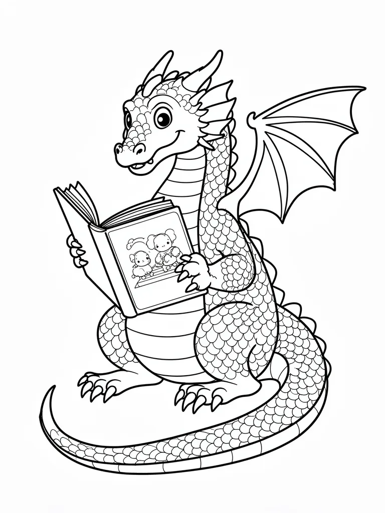 Coloriage Dragon qui lit un livre détaillé – coloriage à imprimer gratuit