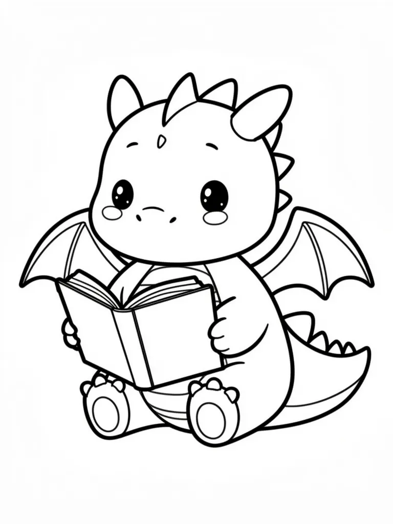 Coloriage Dragon qui lit un livre kawaii – coloriage à imprimer gratuit