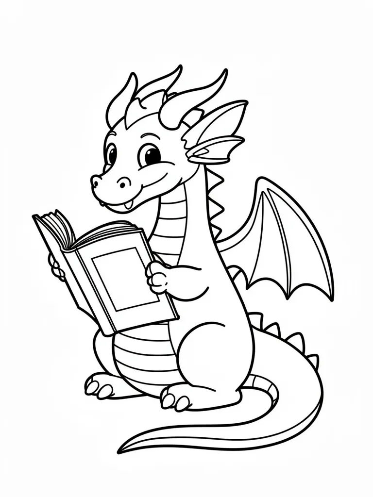 Coloriage Dragon qui lit un livre pour maternelle – coloriage à imprimer gratuit