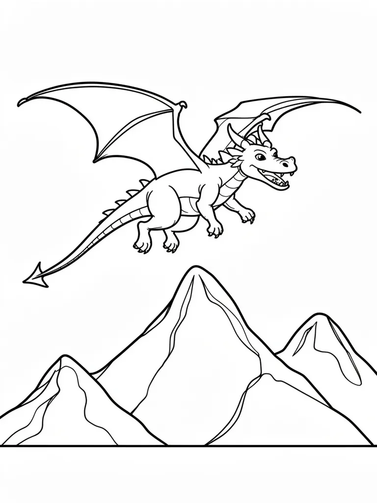 Coloriage Dragon qui vole au-dessus des montagnes à imprimer