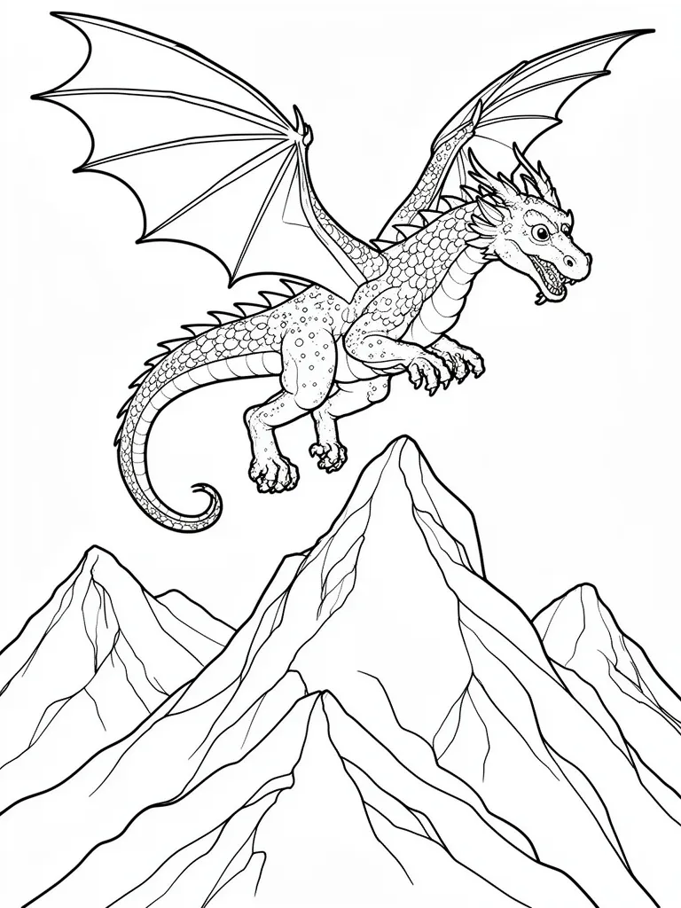 Coloriage Dragon qui vole au-dessus des montagnes détaillé – coloriage à imprimer gratuit