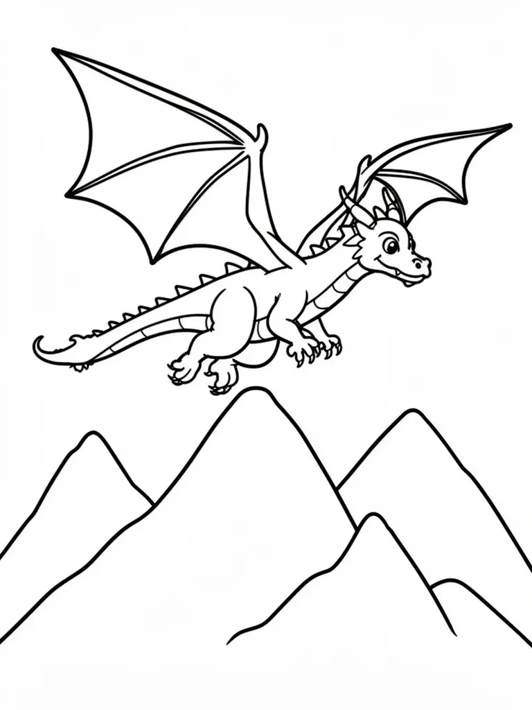 Coloriage Dragon qui vole au-dessus des montagnes facile – coloriage à imprimer gratuit
