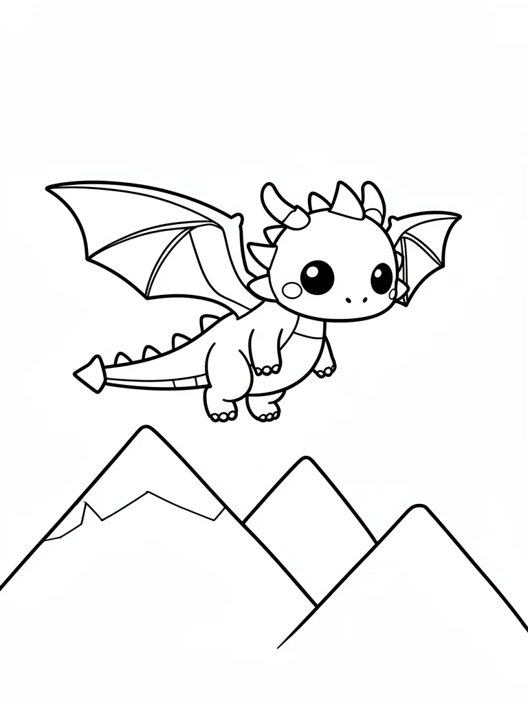 Coloriage Dragon qui vole au-dessus des montagnes kawaii – coloriage à imprimer gratuit