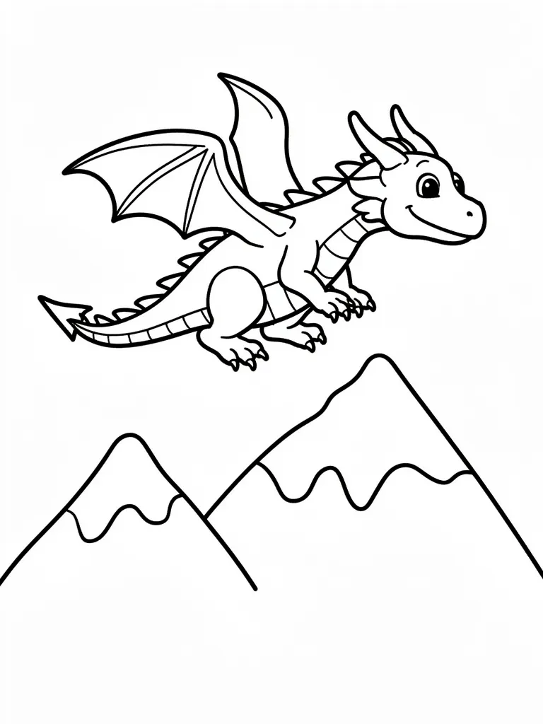 Coloriage Dragon qui vole au-dessus des montagnes pour maternelle – coloriage à imprimer gratuit