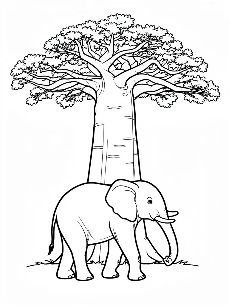 Coloriage Éléphant devant un baobab – coloriage à imprimer gratuit