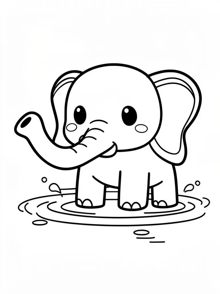 Coloriage Éléphant qui joue dans l’eau kawaii à imprimer