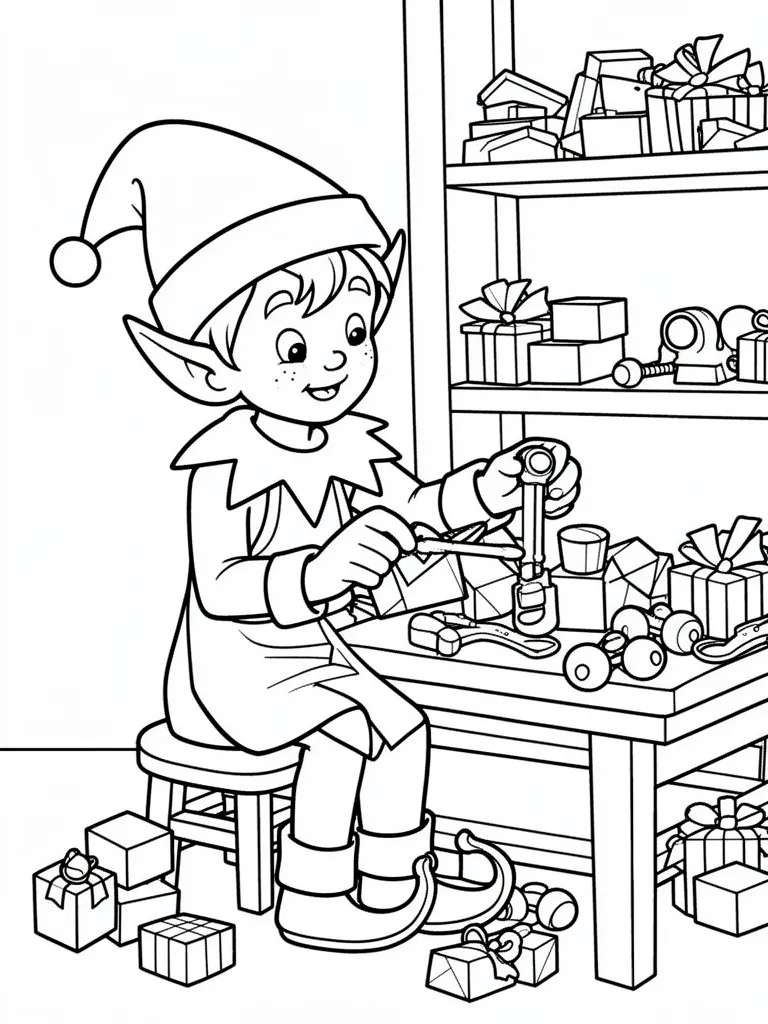 Coloriage Elfe dans l’atelier à imprimer