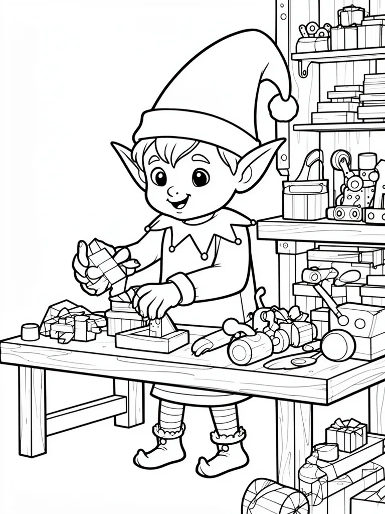 Coloriage Elfe dans l’atelier détaillé à imprimer