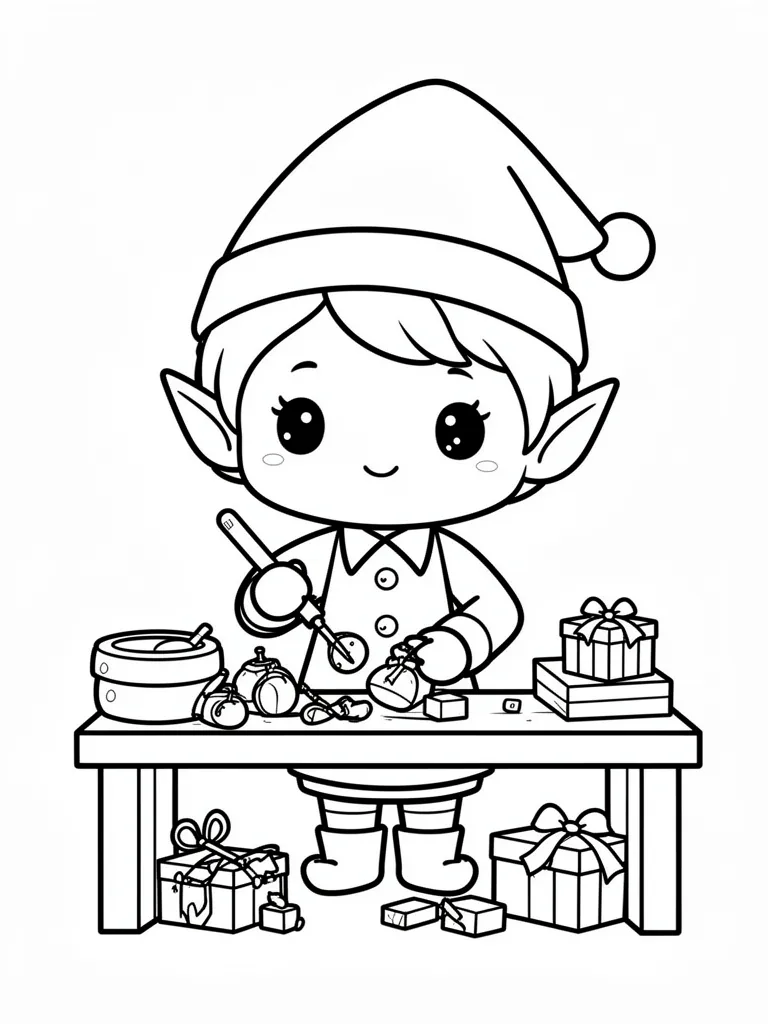 Coloriage Elfe dans l’atelier kawaii à imprimer