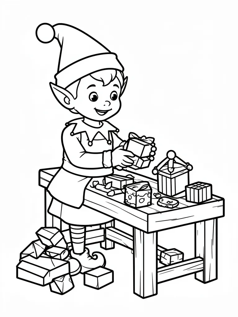 Coloriage Elfe dans l’atelier pour maternelle à imprimer
