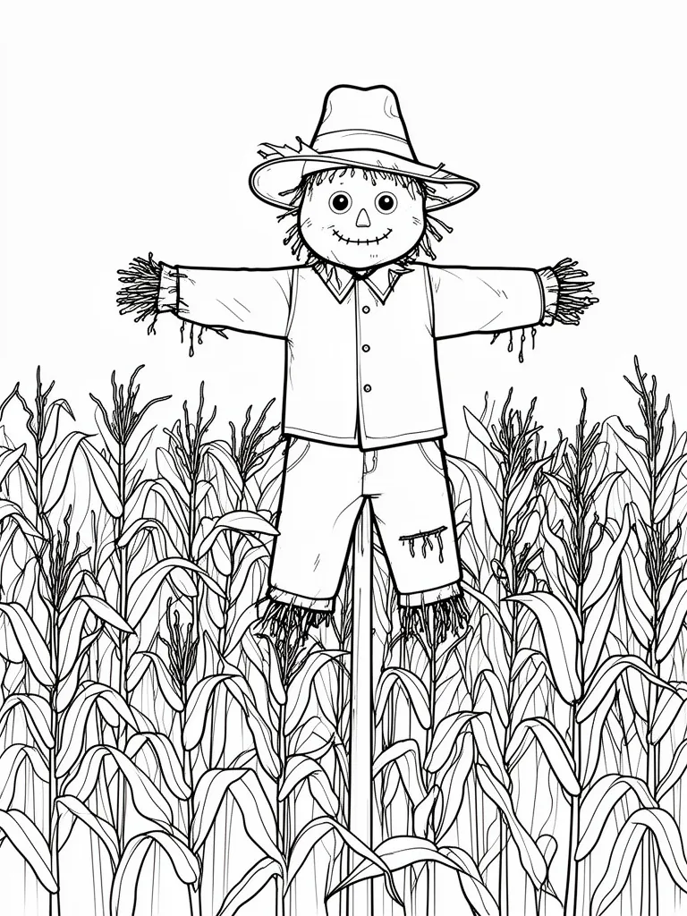 Coloriage Épouvantail dans un champ détaillé à imprimer