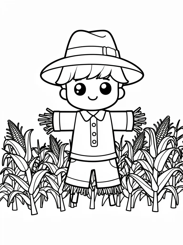Coloriage Épouvantail dans un champ kawaii à imprimer