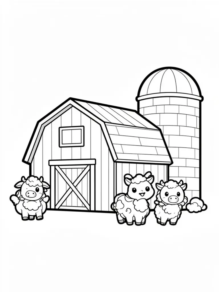 Coloriage Ferme avec un silo kawaii à imprimer
