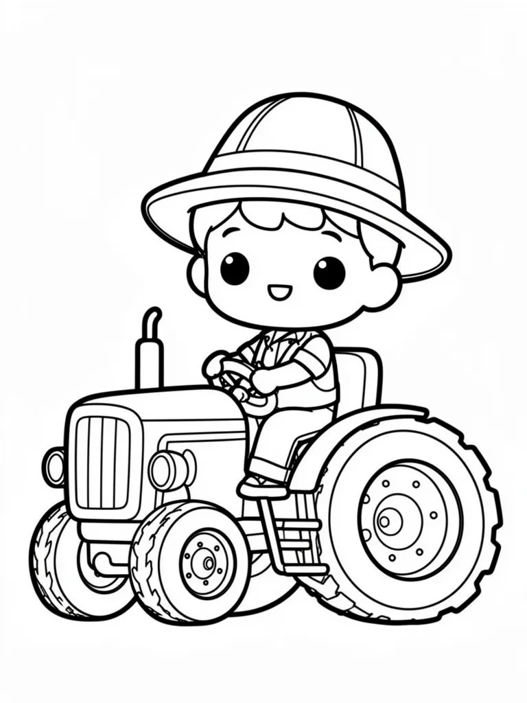 Coloriage Fermier sur un tracteur kawaii à imprimer