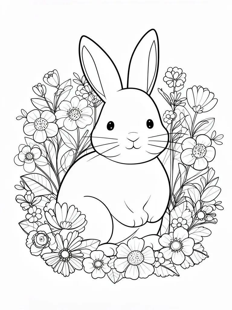 Coloriage Lapin avec des fleurs à imprimer