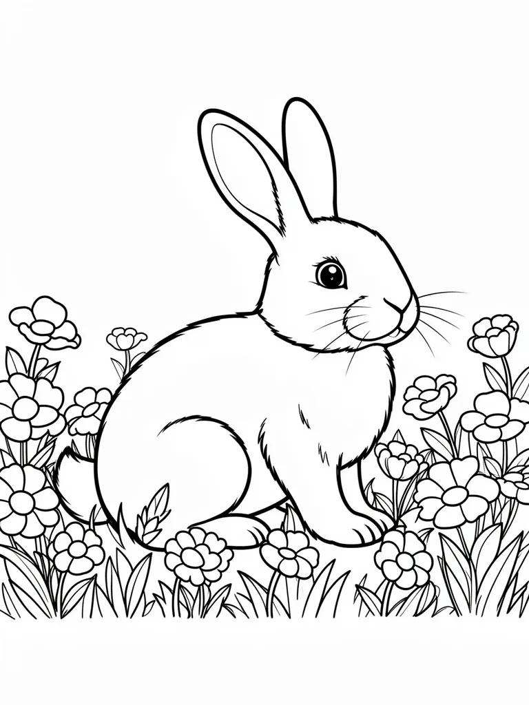 Coloriage Lapin dans un champ de fleurs à imprimer