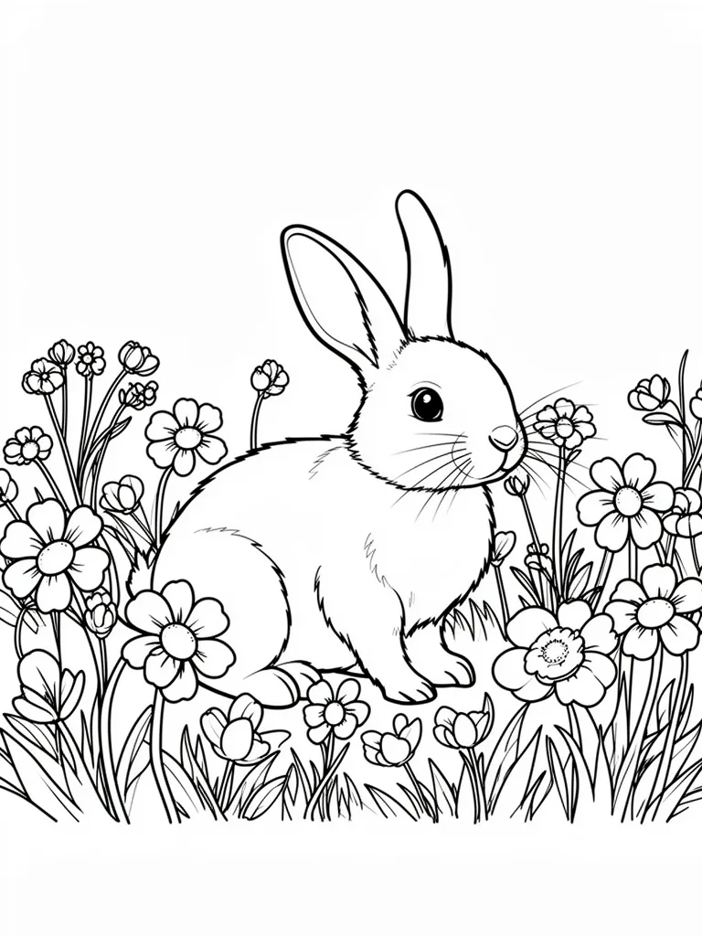Coloriage Lapin dans un champ de fleurs détaillé à imprimer