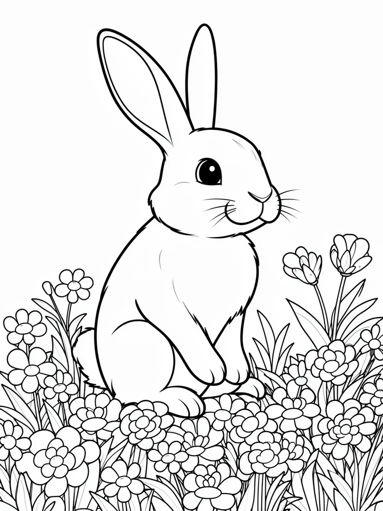 Coloriage Lapin dans un champ de fleurs facile à imprimer