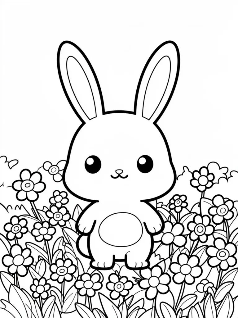 Coloriage Lapin dans un champ de fleurs kawaii à imprimer