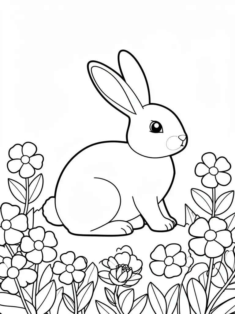 Coloriage Lapin dans un champ de fleurs pour maternelle à imprimer