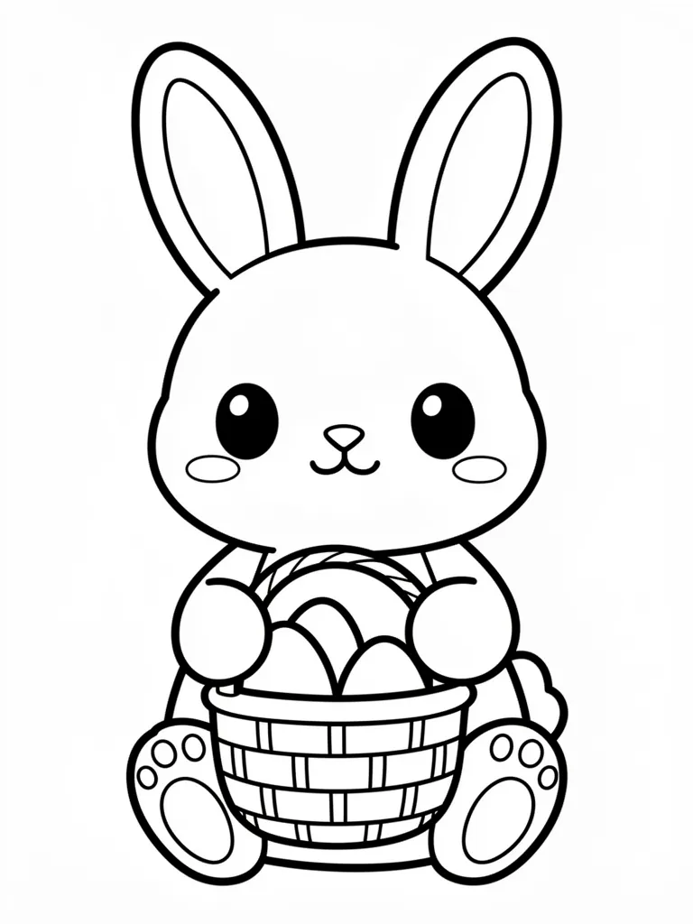 Coloriage Lapin de Pâques avec un panier kawaii – coloriage à imprimer gratuit