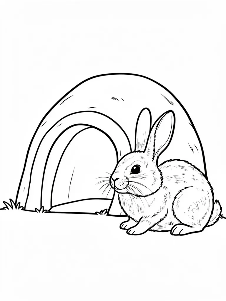 Coloriage Lapin devant un terrier détaillé à imprimer
