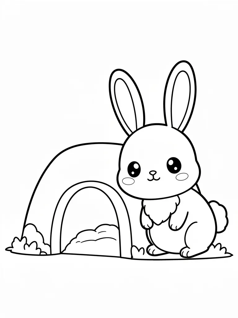 Coloriage Lapin devant un terrier kawaii – coloriage à imprimer gratuit