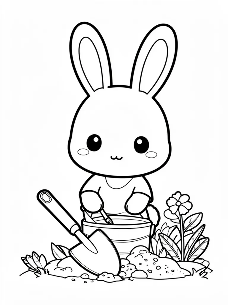 Coloriage Lapin qui jardine kawaii à imprimer