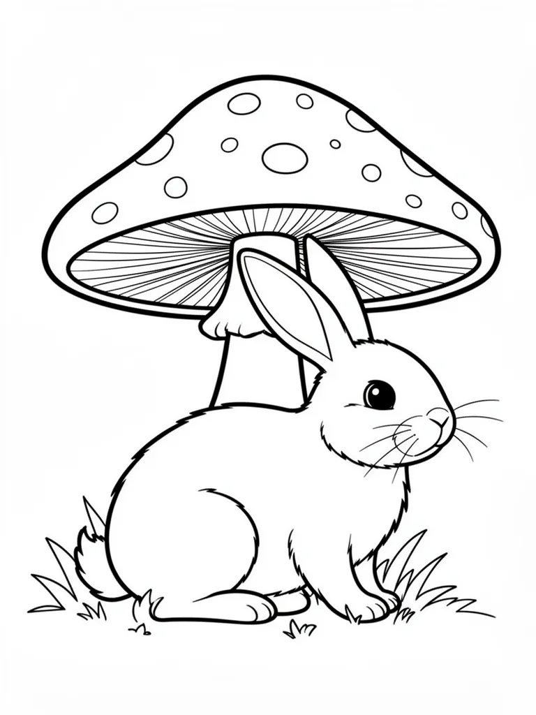 Coloriage Lapin sous un champignon détaillé – coloriage à imprimer gratuit