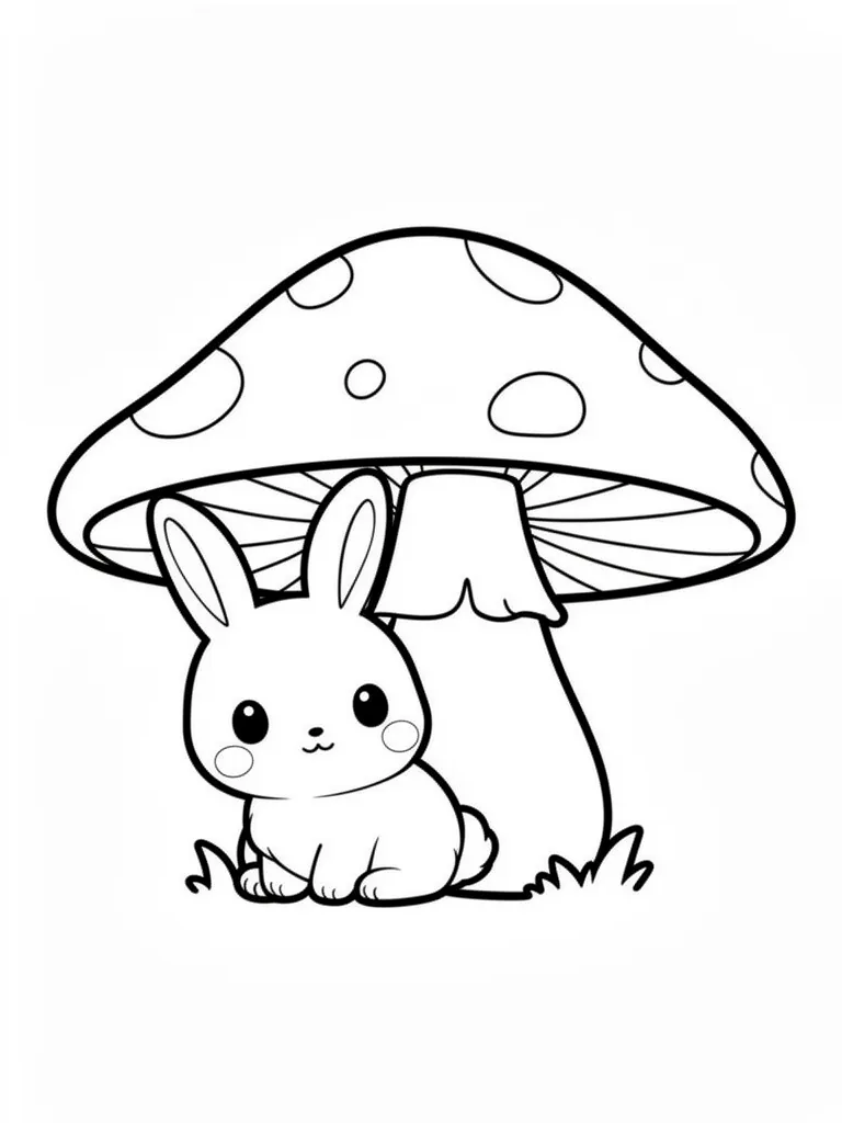 Coloriage Lapin sous un champignon kawaii – coloriage à imprimer gratuit