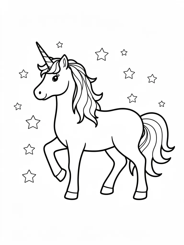 Coloriage Licorne avec des étoiles autour à imprimer