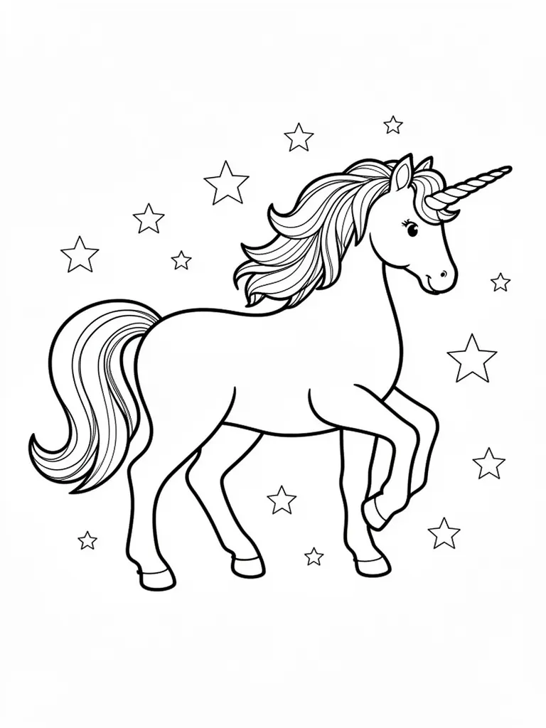 Coloriage Licorne avec des étoiles autour détaillé à imprimer
