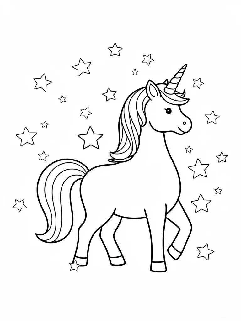 Coloriage Licorne avec des étoiles autour facile à imprimer