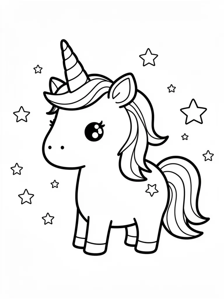 Coloriage Licorne avec des étoiles autour kawaii à imprimer