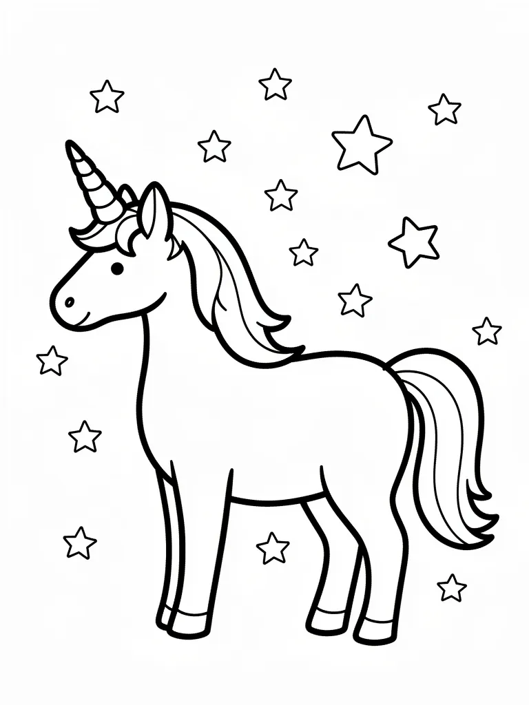 Coloriage Licorne avec des étoiles autour pour maternelle à imprimer