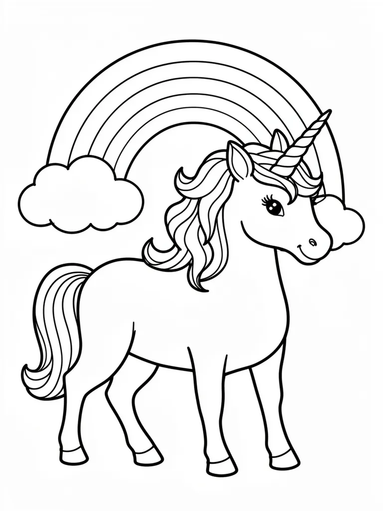 Coloriage Licorne avec un arc-en-ciel derrière à imprimer