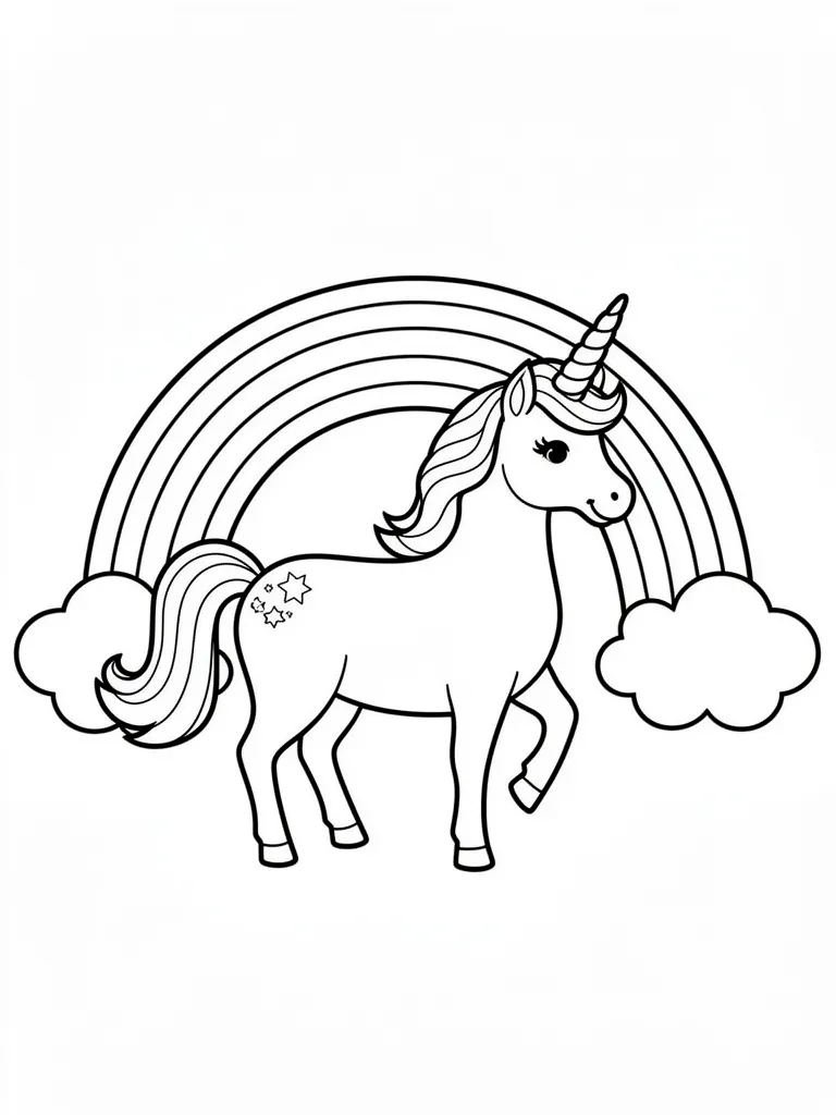 Coloriage Licorne avec un arc-en-ciel derrière détaillé à imprimer