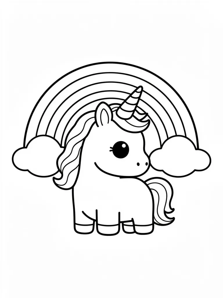 Coloriage Licorne avec un arc-en-ciel derrière kawaii – coloriage à imprimer gratuit
