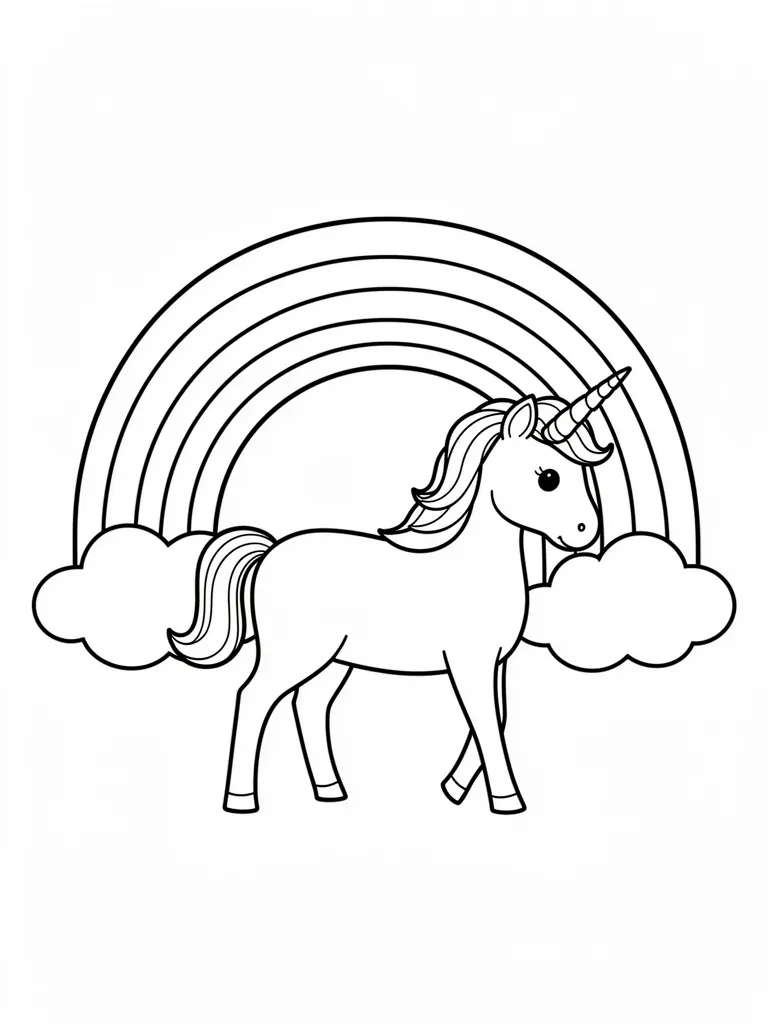Coloriage Licorne avec un arc-en-ciel derrière pour maternelle à imprimer