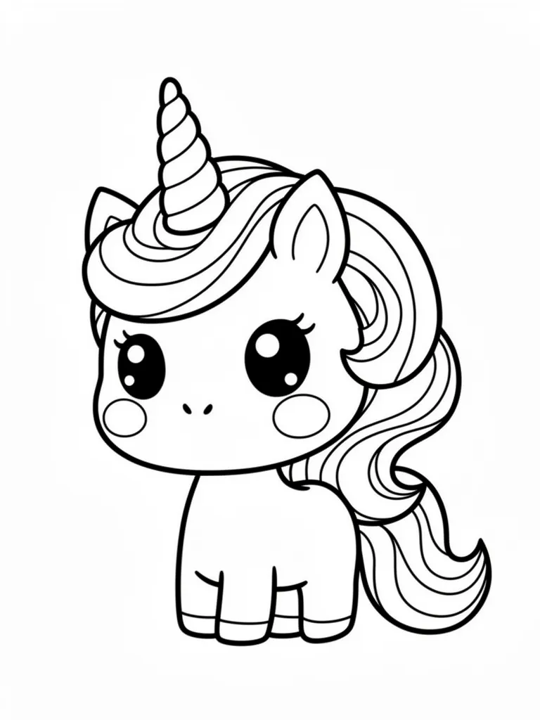 Coloriage Licorne avec une crinière en spirale kawaii à imprimer