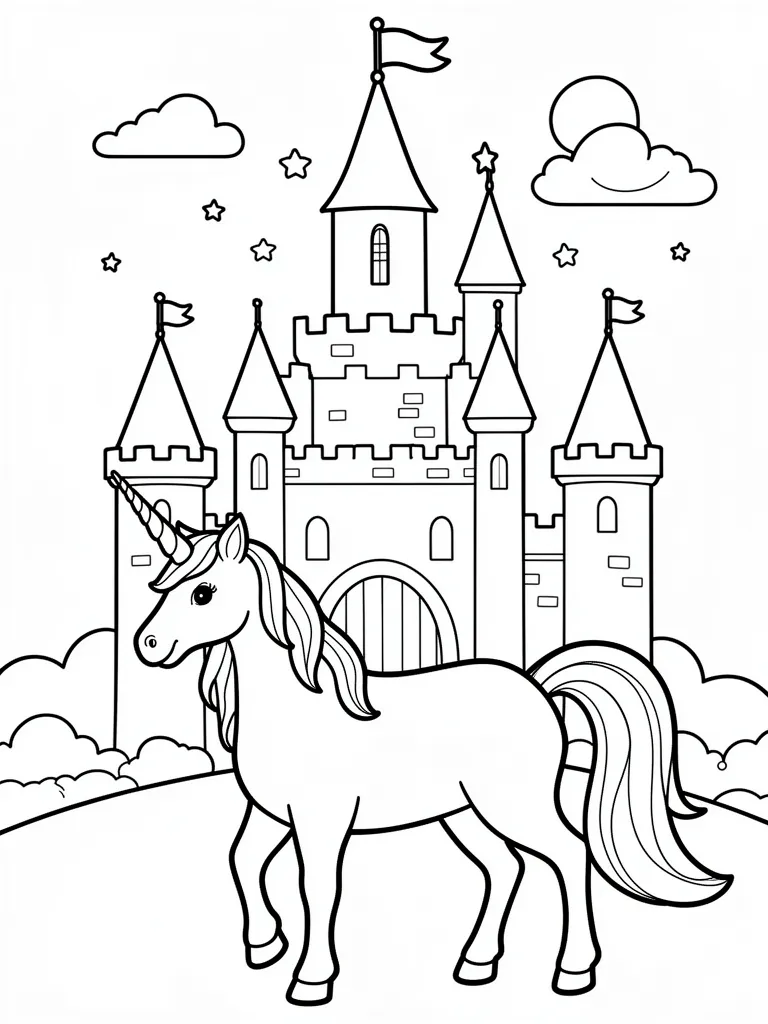 Coloriage Licorne devant un château magique à imprimer
