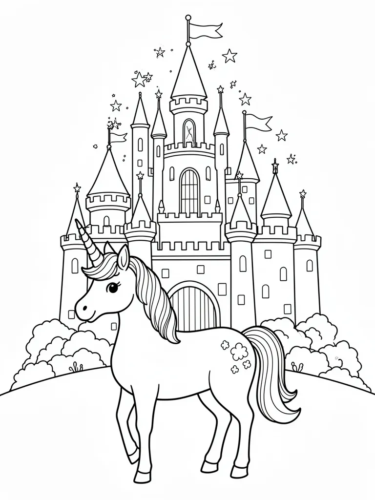 Coloriage Licorne devant un château magique détaillé à imprimer