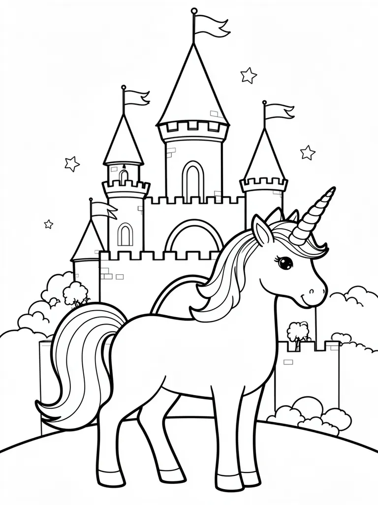 Coloriage Licorne devant un château magique facile à imprimer