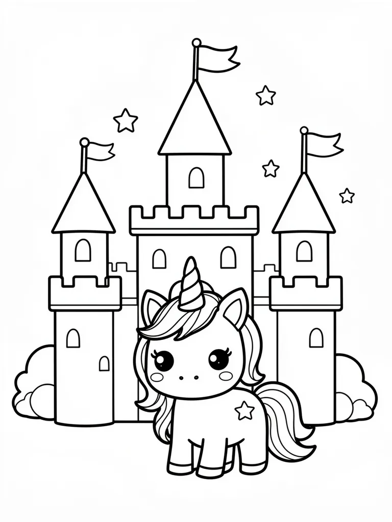 Coloriage Licorne devant un château magique kawaii à imprimer